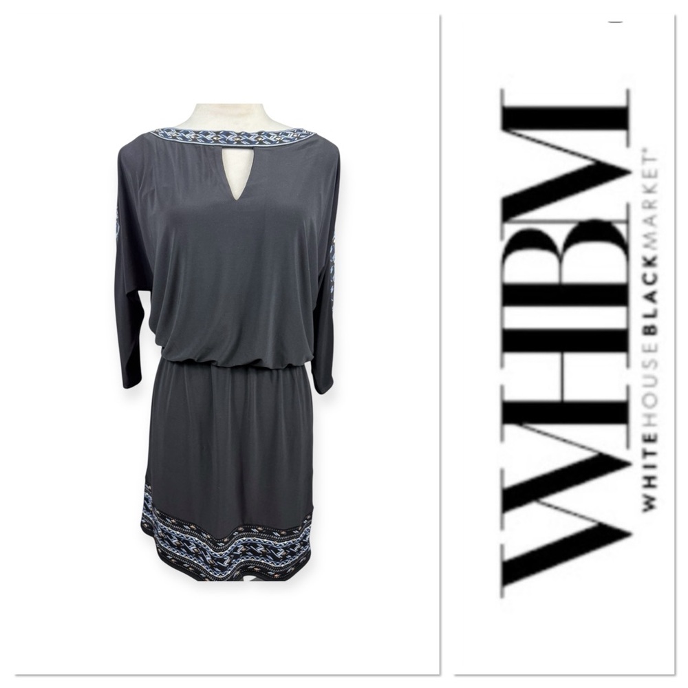 White House Black Market black split sleeve dress with embroidery size small